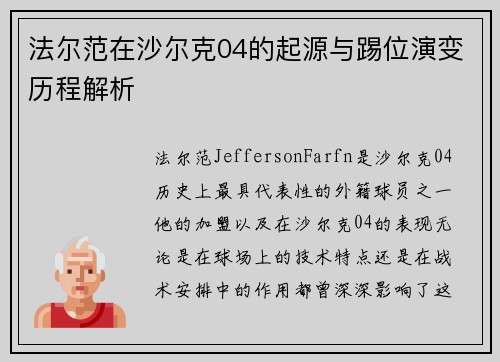 法尔范在沙尔克04的起源与踢位演变历程解析